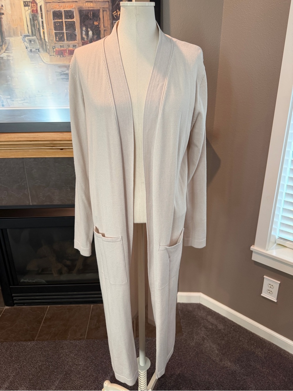 Cream Open-Front Long Cardigan with Pockets